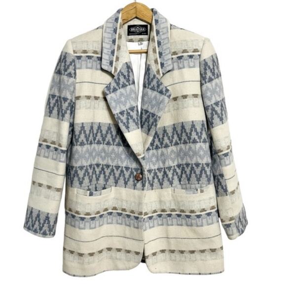 Braetan Wool Blazer Ivory Blue Aztec Size 10 - Picture 1 of 8
